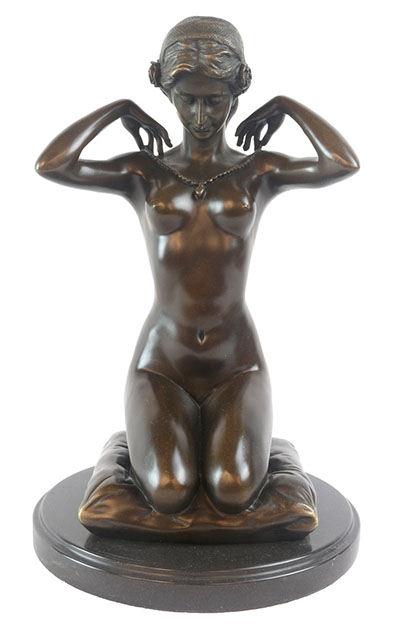 Kneeling Bronze Sculpture On Marble Base - Click Image to Close